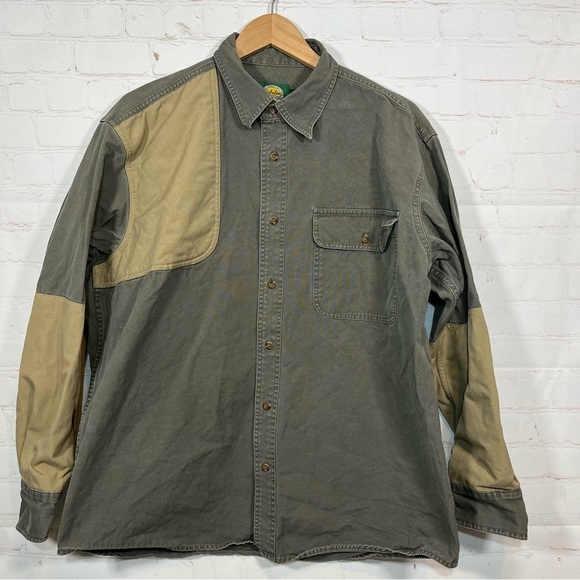 Vintage Cabela's Hunting Shirt Mens Large OD Green Canvas Elbow Patches - Picture 1 of 14